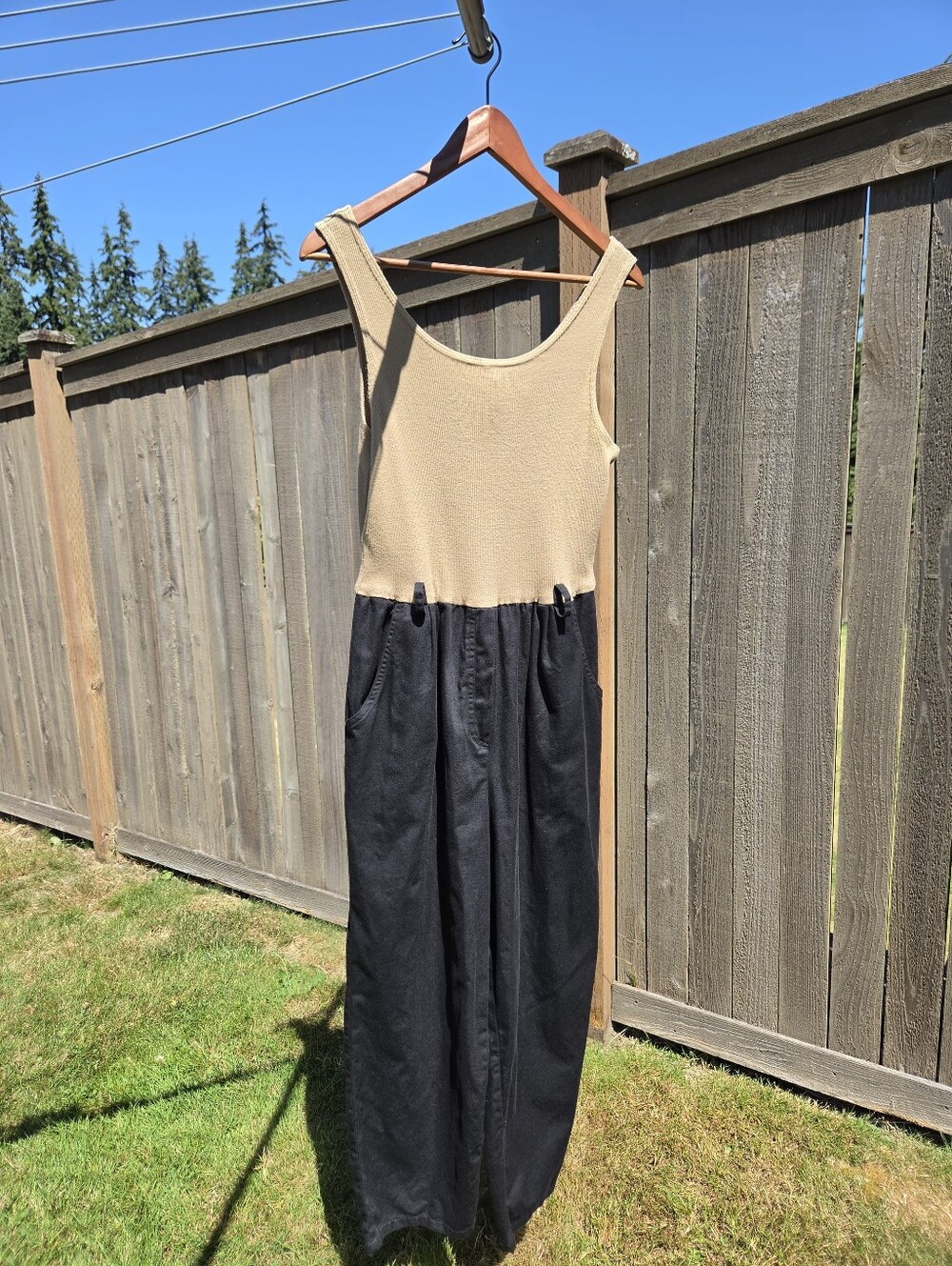 Vintage 90s Piccalino Petites Two Tone Jumpsuit Ribbed Knit Wide Leg Black Tan